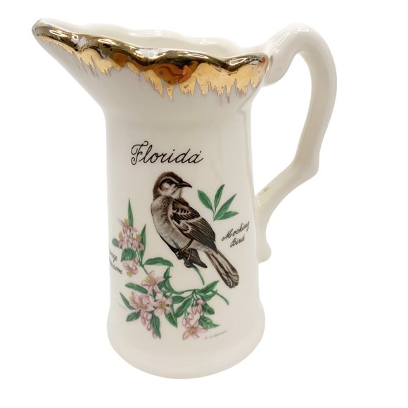 Vintage Florida Souvenir Creamer Mocking Bird Orange Blossom Flowers White Gold - Picture 1 of 12